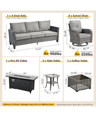 9 Piece Outdoor Patio Furniture with 3 Seat Sofa,All Weather Wicker Coversation Set with Swivel Rocking Chair,Balcony Sofa Set with Solar Nesting Tables and 54'' Fire Pit for Outside Porch Backyard Pool