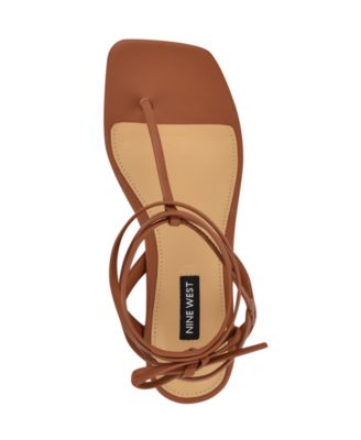NINE WEST Norta Sandali Bassi Donna - Pelle Marrone, Punta Quadrata, Cinturino Alla Caviglia Con Chiusura, 41 EU