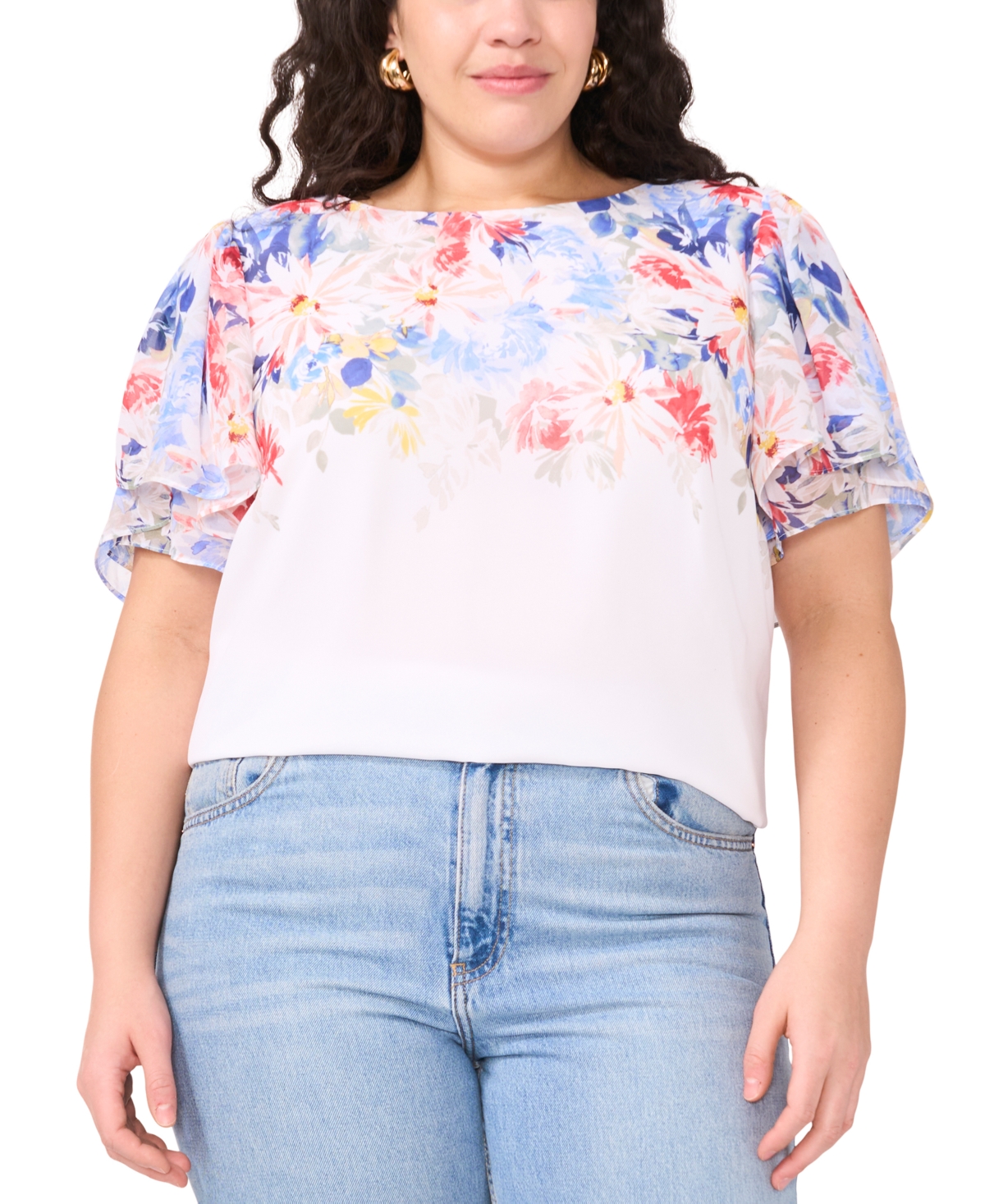 VINCE CAMUTO PLUS SIZE PRINTED TULIP-SLEEVE BLOUSE 