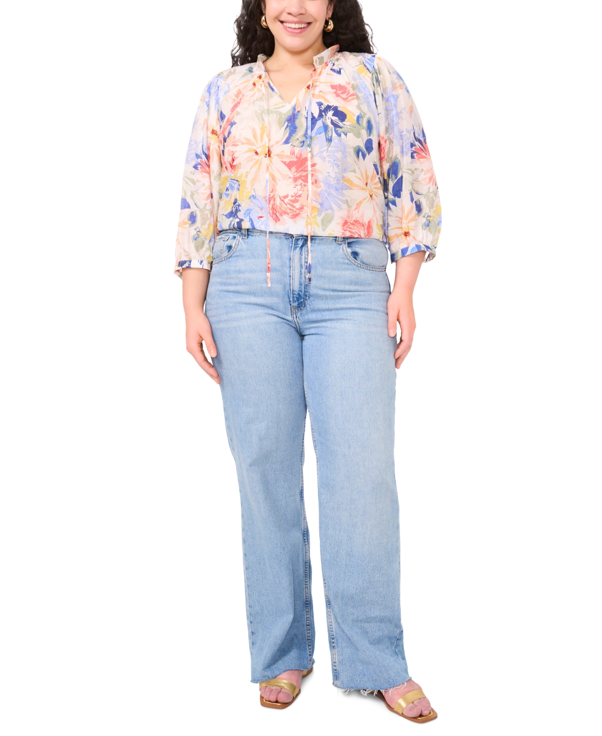 VINCE CAMUTO PLUS SIZE RUFFLE-NECK PEASANT TOP 