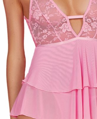 Women's Lace Plunge Neck Babydoll and Panty 2 Pc Lingerie Set 