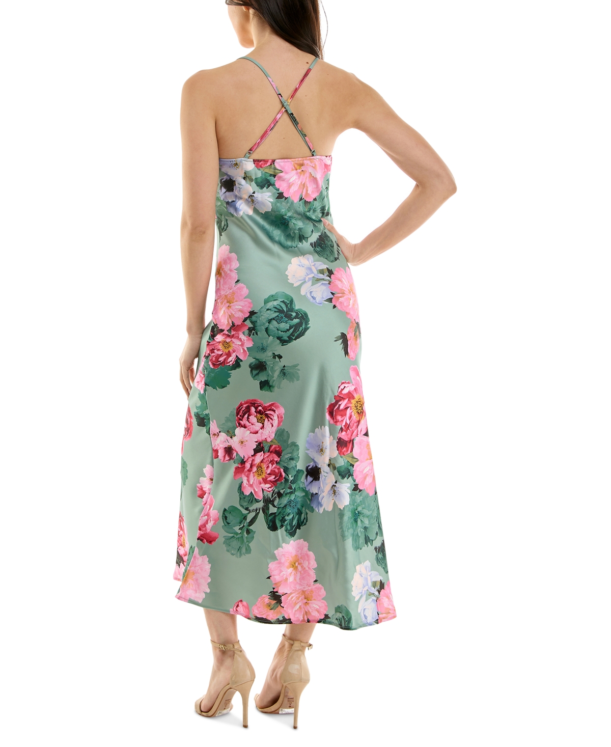 KATIA RAE WOMEN'S FLORAL SATIN TWIST-FRONT CUTOUT DRESS 