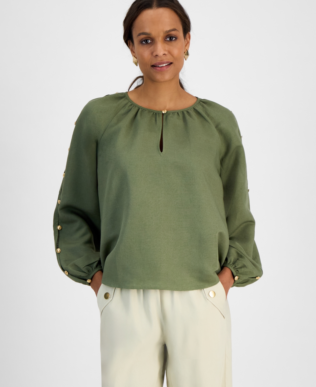 Inc International Concepts Petite Button-sleeve Blouse, Exclusively At Macy's In Olivine