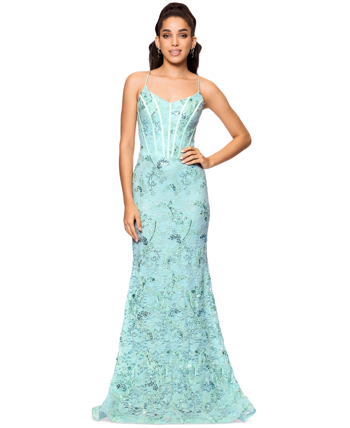 Women's Sequined Lace Corset Gown - Aqua