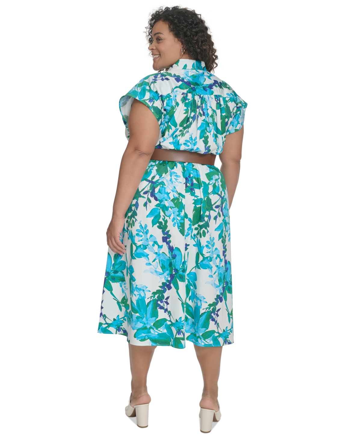 CALVIN KLEIN PLUS SIZE FLORAL-PRINT BELTED MIDI DRESS 
