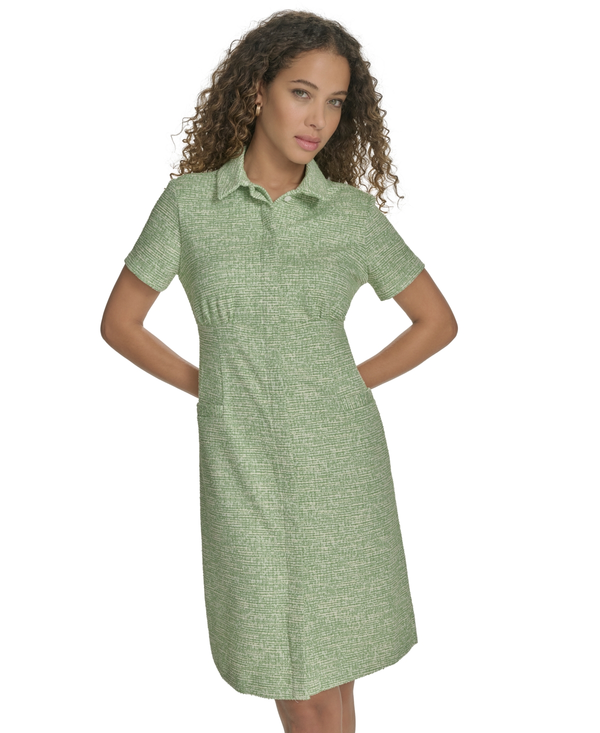 Calvin Klein Women's Tweed Collared Shirtdress In Leaf White