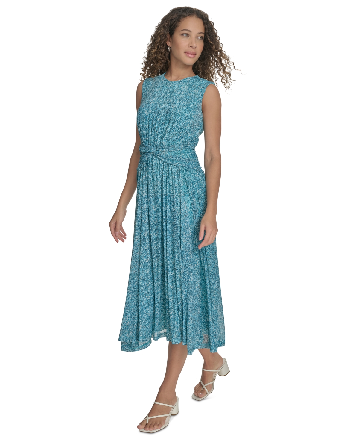 Calvin Klein Women's Printed Ruched-waist Midi Dress In Lake Multi