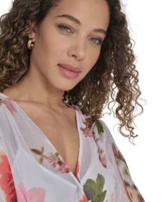 Calvin Klein Women's Floral-print Faux-wrap Chiffon High-low Dress