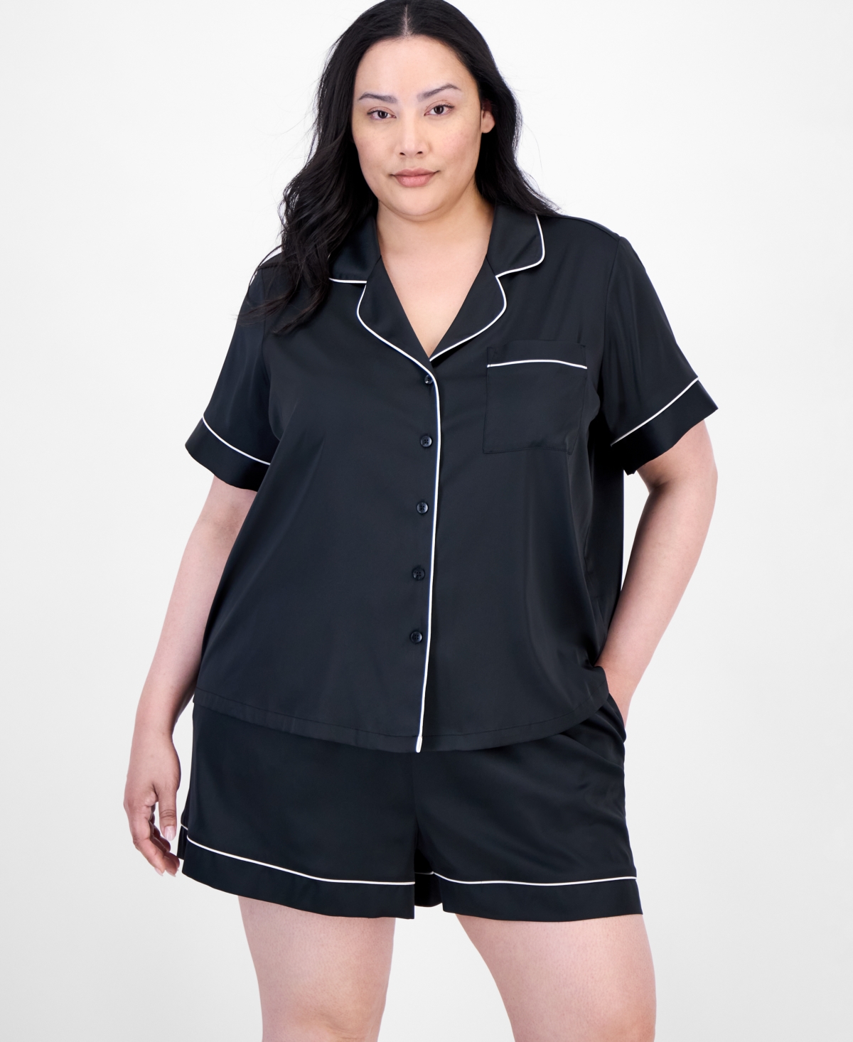 Shop Inc International Concepts I.n.c. International Concepts Plus Size Stretch Satin Notched-collar Pajama Set, Exclusively At Macy