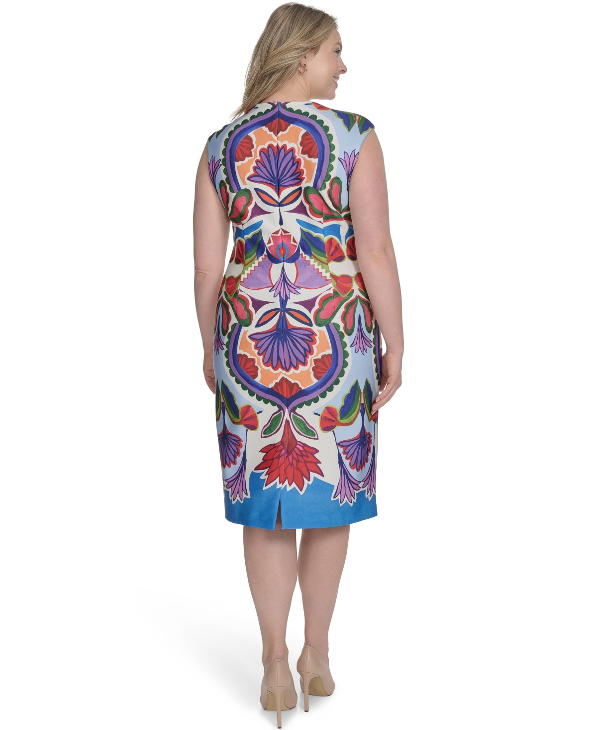 VINCE CAMUTO PLUS SIZE PLACEMENT-PRINT CAP-SLEEVE MIDI DRESS 