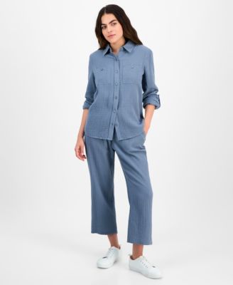 Petite Cotton Roll Tab Shirt High Rise Pull On Pants
