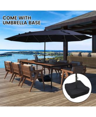 15 ft Patio Umbrellas with Solar Lights 12 LED Strip Lights Umbrella Rib, Double-Sided Market Umbrella with Base Included, Grey