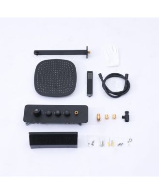 12 Inch Wall Mounted Thermostatic Shower System with Handheld Sprayer Rainfall Shower System with Neck/Back Massage Spout Shampoo Shelf