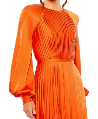Women's Pleated High Neck Raglan Long Sleeve Side Slit Gown