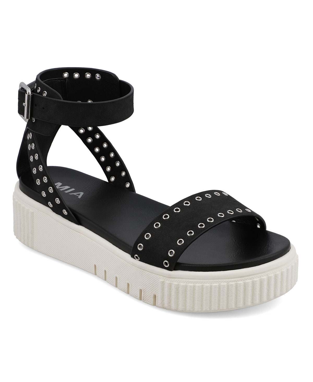 Shop Mia Women's Evelin Grommeted Platform Round Toe Sandals In Black,silver