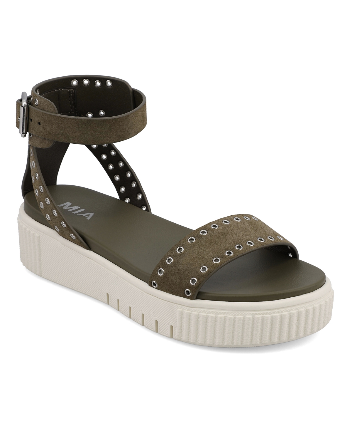 Shop Mia Women's Evelin Grommeted Platform Round Toe Sandals In Khaki,silver