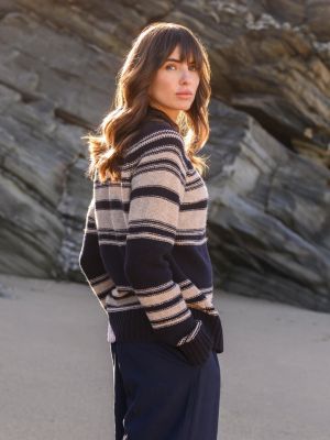 Women's Pure Wool Stripe Button Neck Sweater