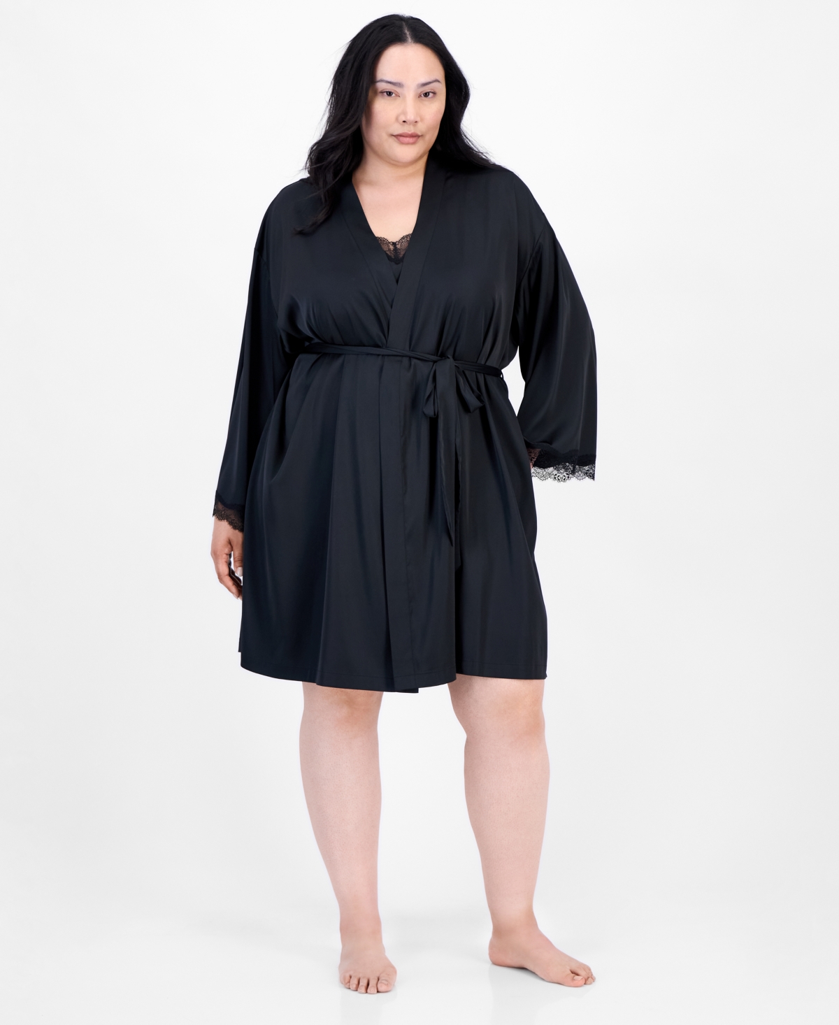 Inc International Concepts Plus Size Lace-trim Satin Wrap Robe, Exclusively At Macy's