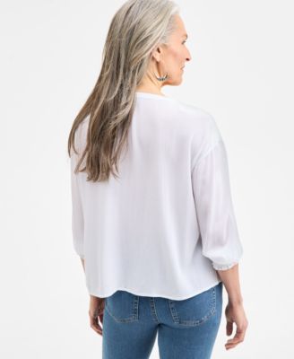 Women's Tasseled Split Neck 3/4-Sleeve Top, Exclusively at Macy's