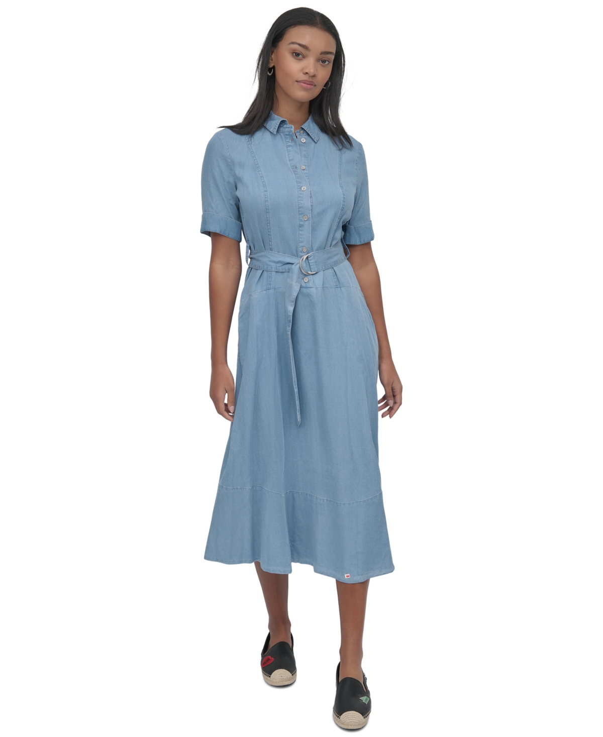 Women's Chambray Belted Midi Dress - FJZ - CHAMBRAY