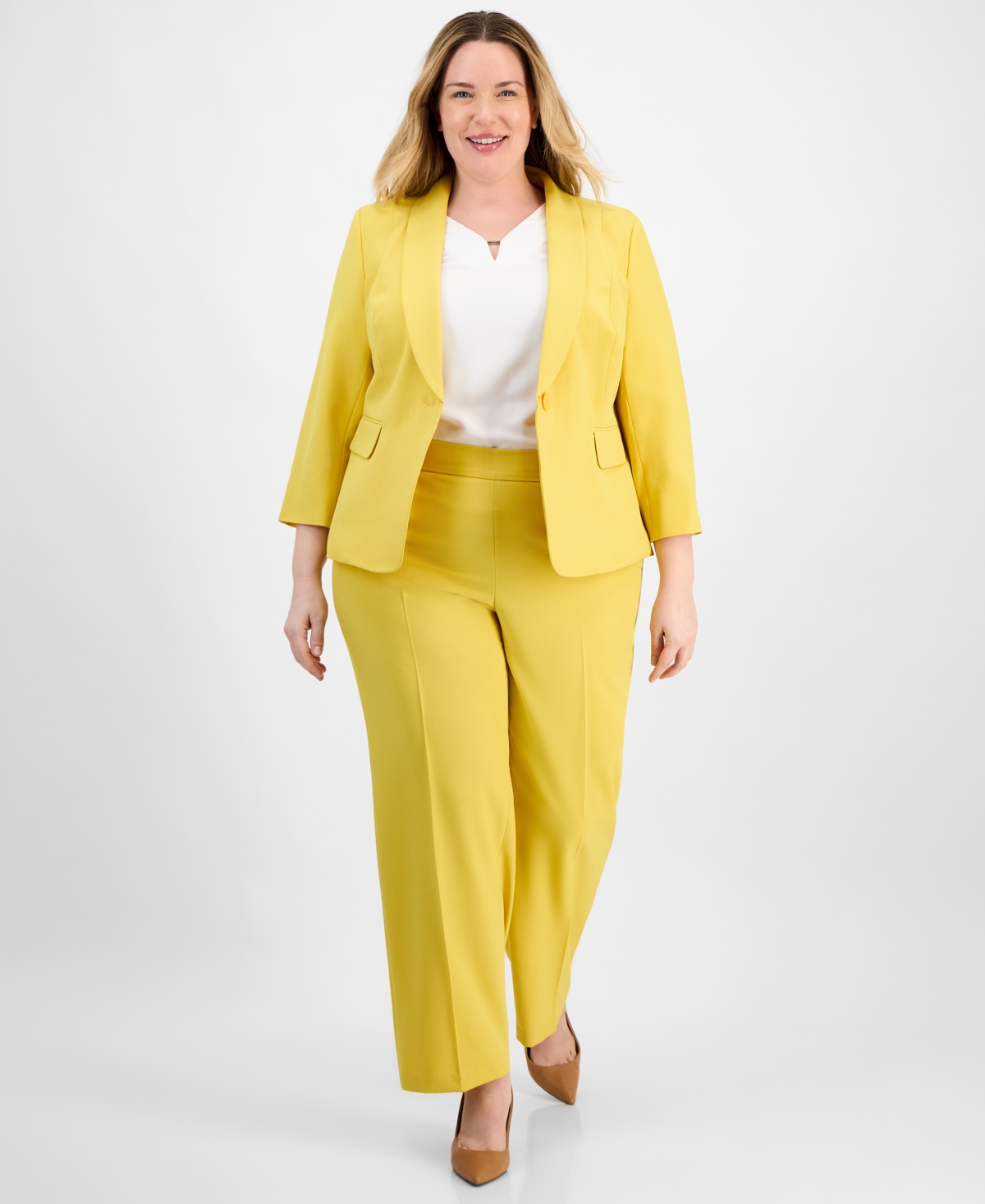 Le Suit Plus Size Shawl-collar One-button Jacket & Pull-on Straight-leg Pants In Golden Sunset