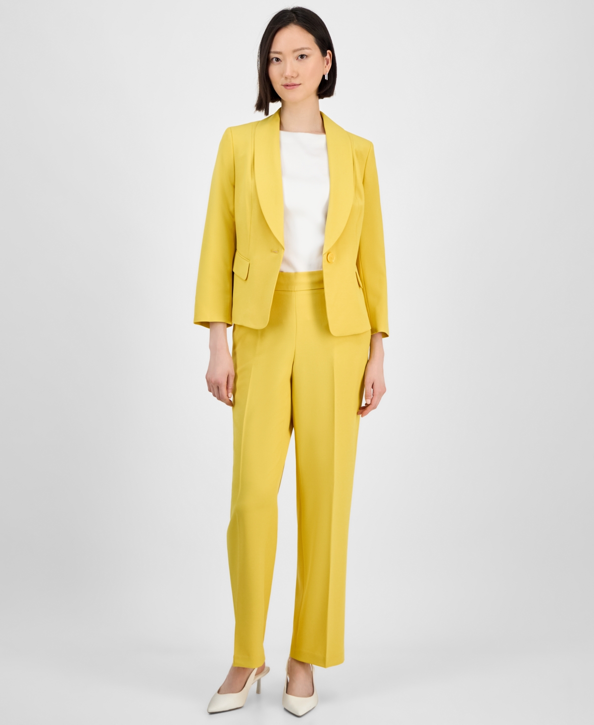Women's Shawl-Collar One-Button Jacket & Pull-On Straight-Leg Pants - Black