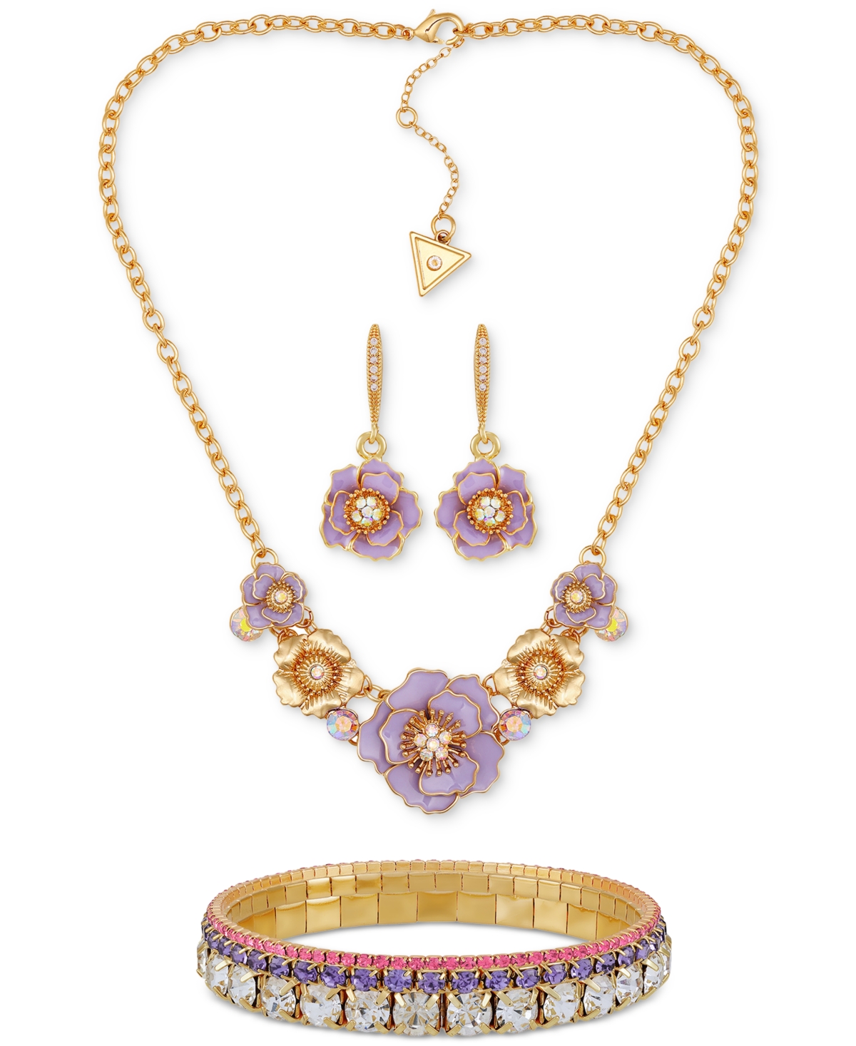 GUESS FLOWER STATEMENT NECKLACE, DROP EARRINGS & STRETCH BRACELET SET 