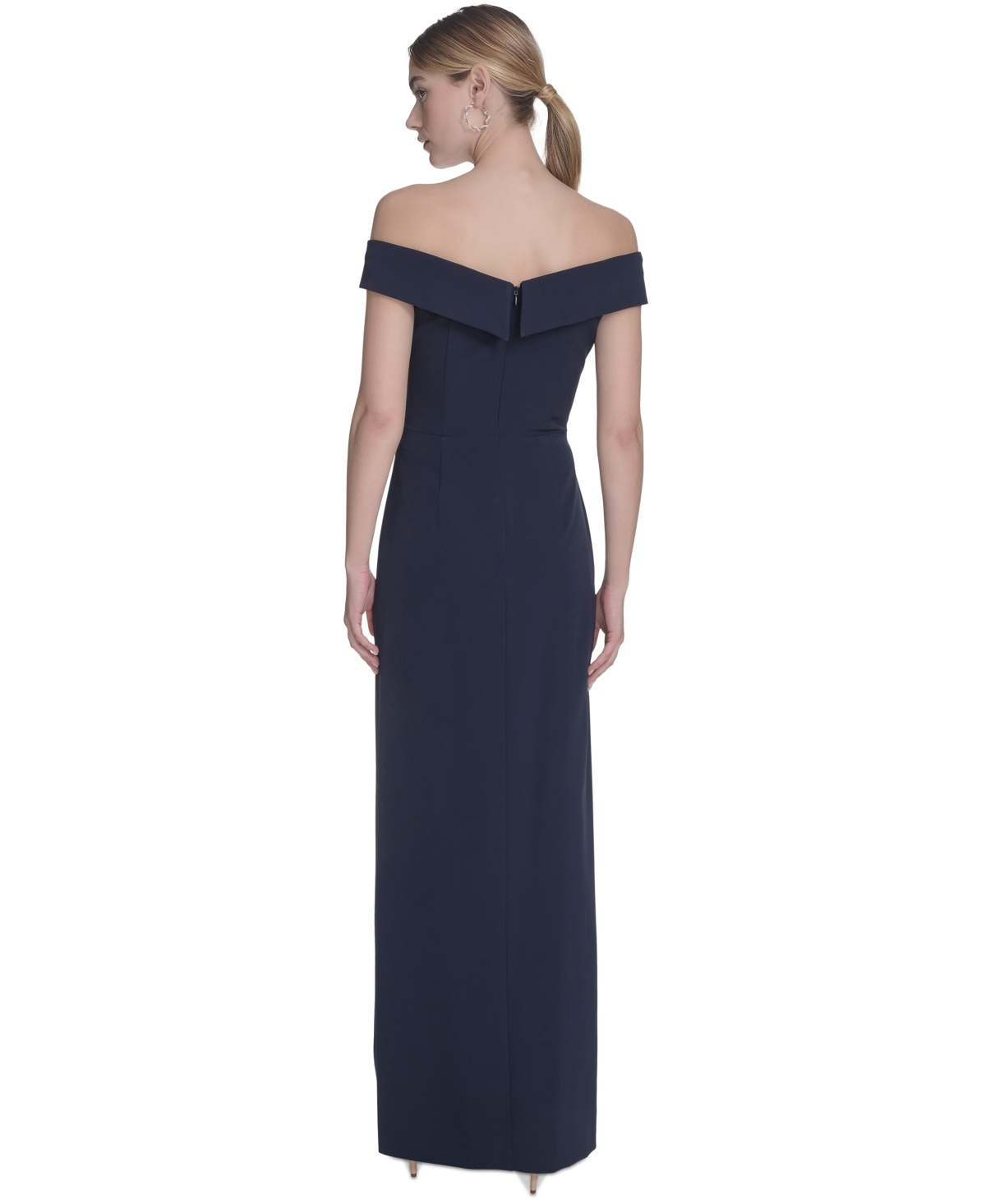 Shop Eliza J Petite Off-the-shoulder Side-drape Crepe Gown In Navy
