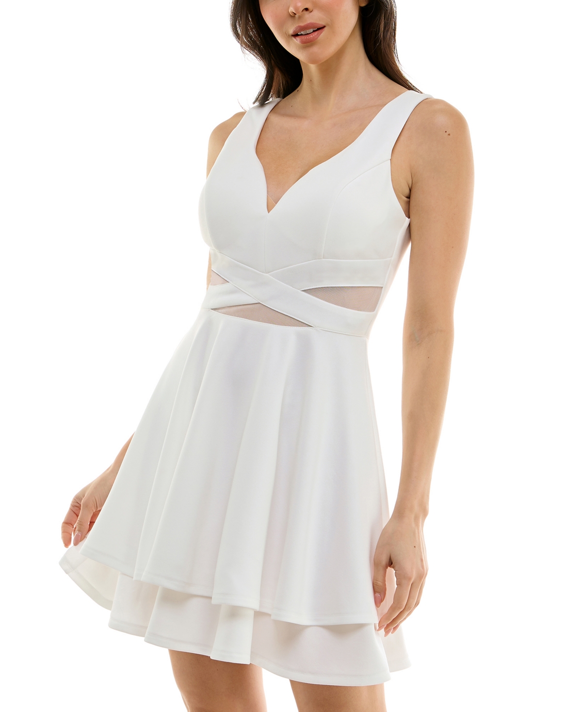 Emerald Sundae Juniors' Mesh-inset Fit & Flare Dress In Ivory