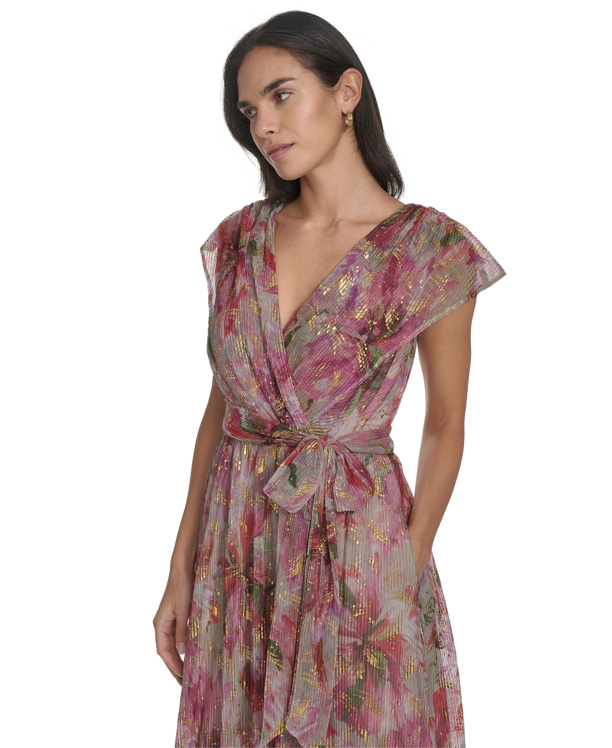 Jessica Howard Plus Size V-neck Shoulder-drape Gown In Poppy Multi