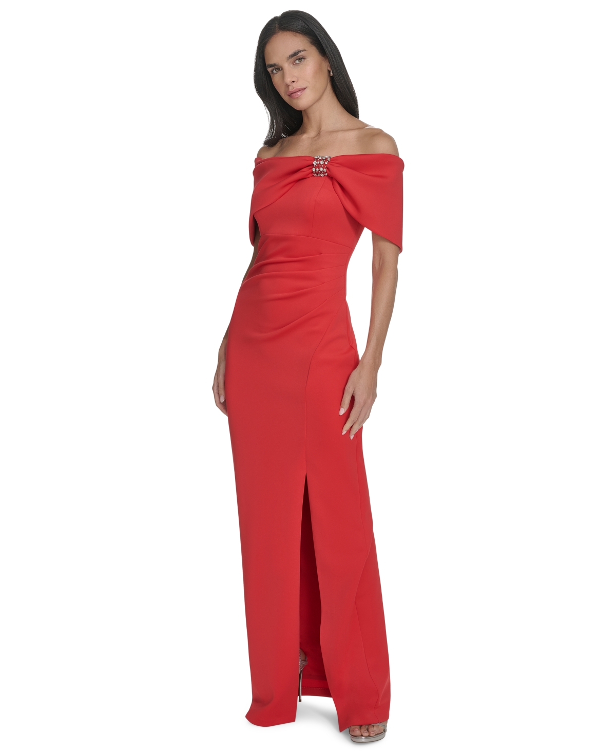 Jessica Howard Petite Embellished Off-the-shoulder Gown In Red