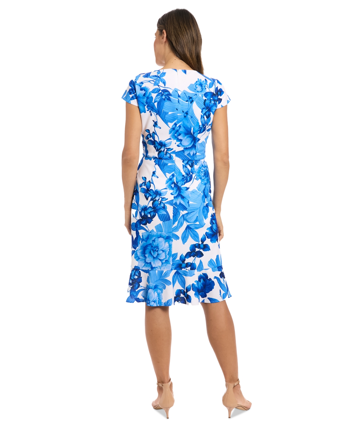 London Times Petite Floral Flutter-sleeve Ruffle Dress In Blue