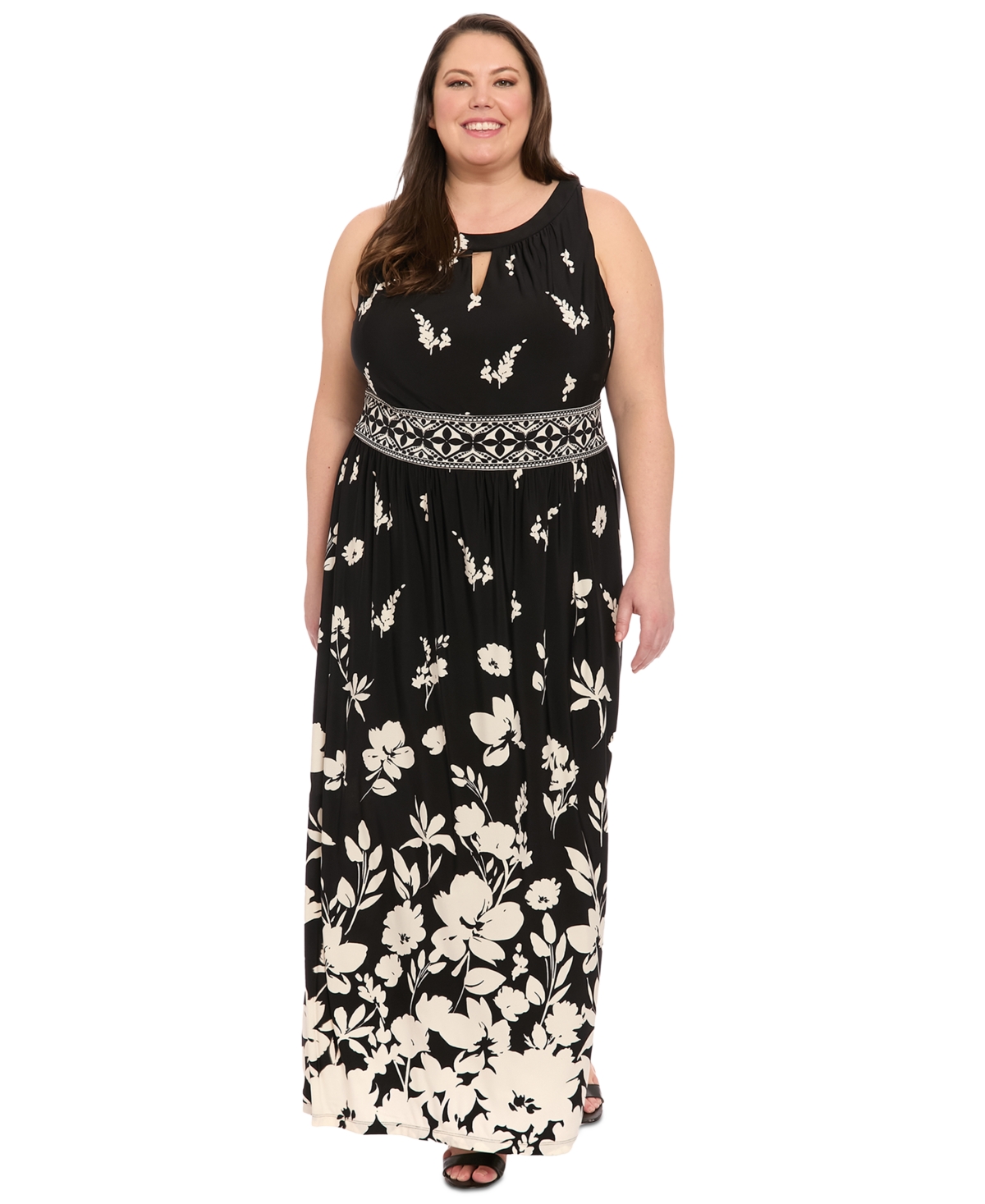 London Times Plus Size Placement- Print Keyhole Maxi Dress