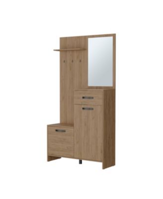Elko Hall Tree Board and Melamine Multistorage with a Mirror, Natural Oak