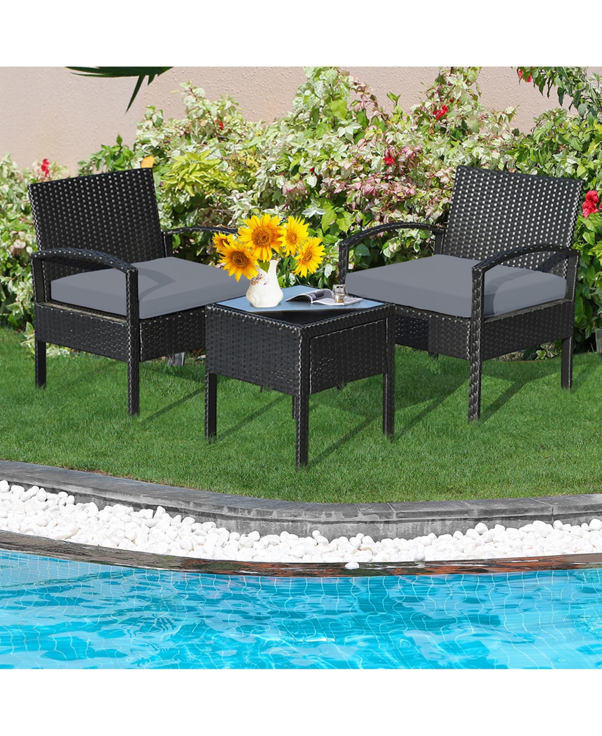 Gymax 3 Piece Outdoor Patio Rattan Conversation Furniture Set Yard w/ Cushions & Coffee Table
