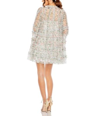 Women's Floral Print Long Flare Sleeve Mesh A-Line Dress