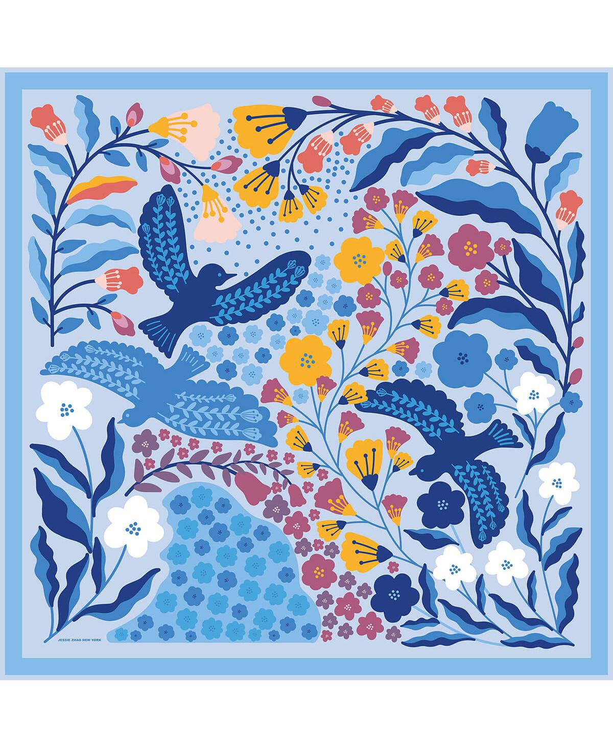 Double Sided Wool Silk Scarf Of Blue Bird - Blue