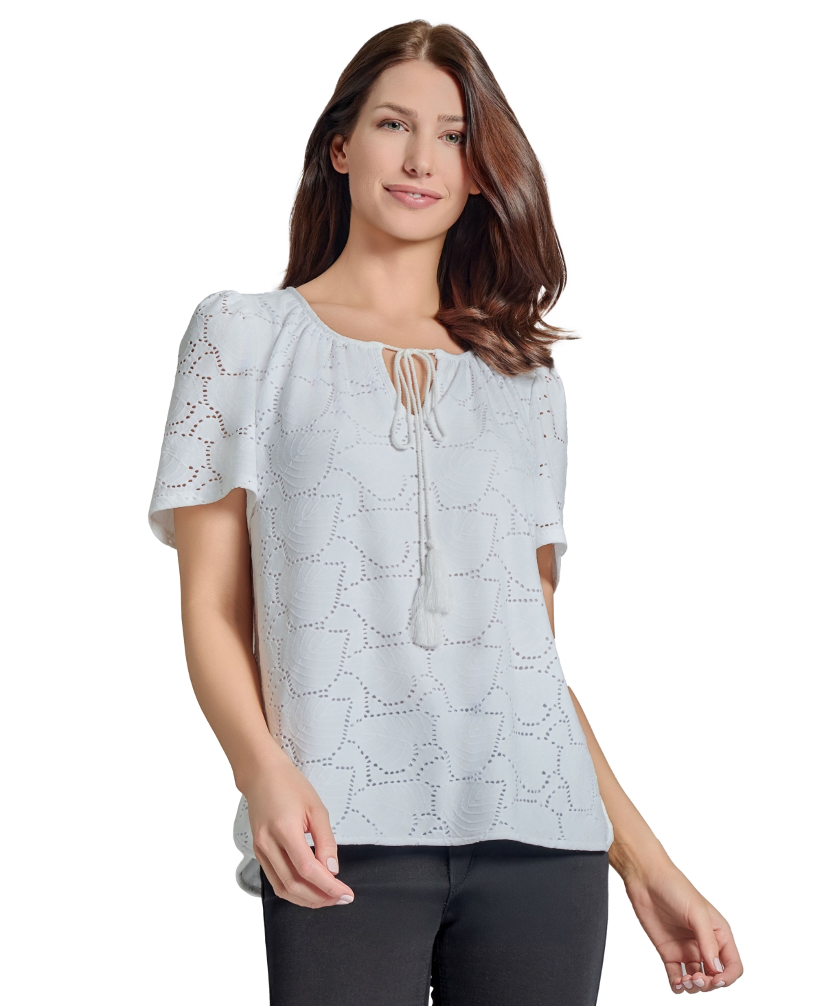 Petite Short-Sleeve Knit Eyelet Top - NYC White