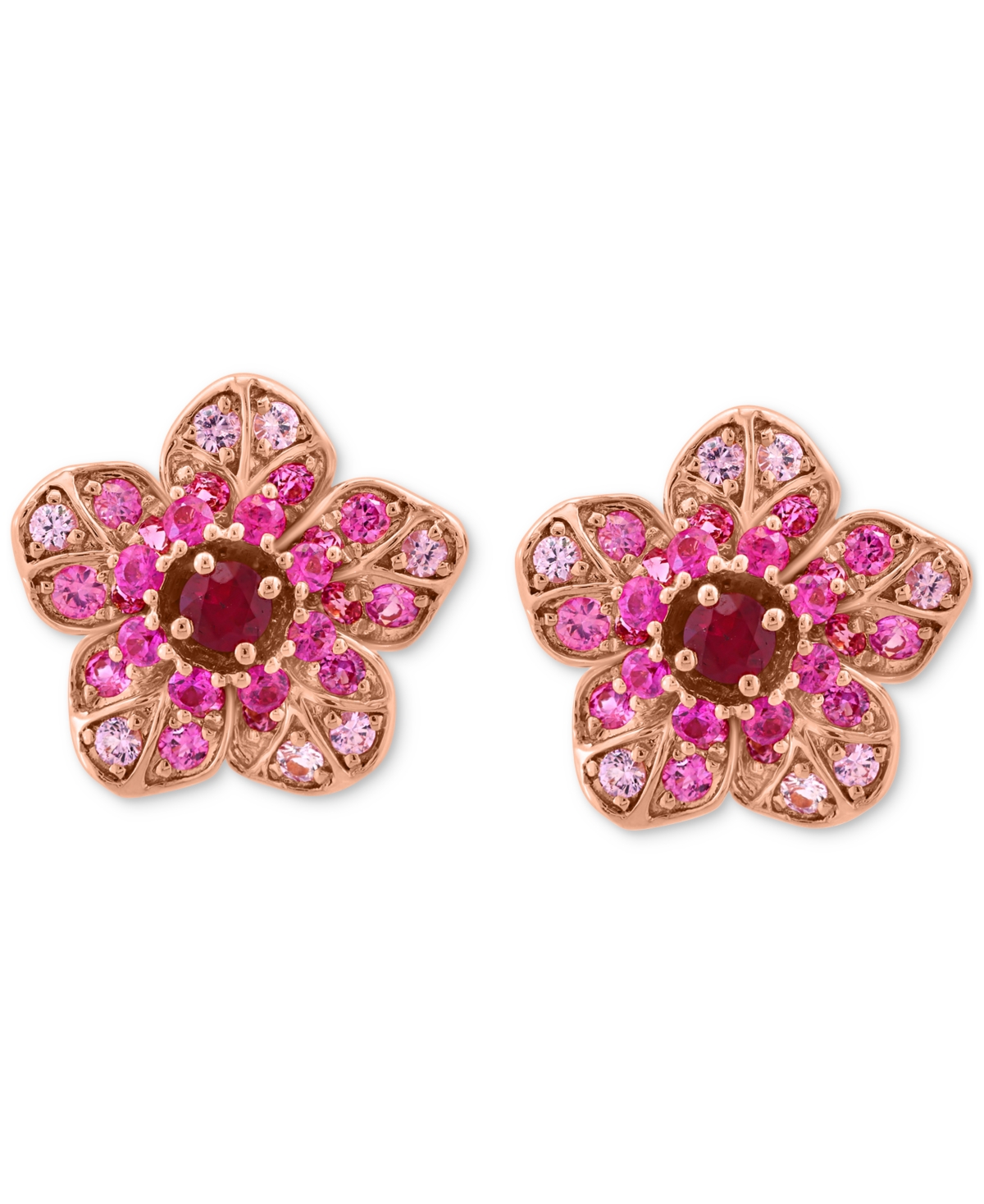 Effy Collection Effy Pink Sapphire (7/8 Ct. T.w.) & Ruby (1/5 Ct. T.w.) Flower Stud Earrings In 14k Rose Gold