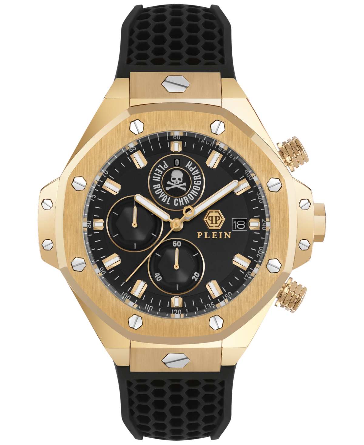 Philipp Plein Men's Chronograph Royal Black Silicone Strap Watch 46mm In Ip Yellow Gold