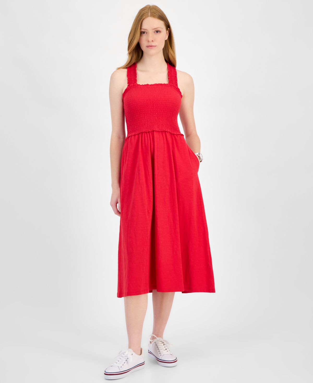 Tommy Hilfiger Women's Cotton Smocked Sleeveless Midi Dress