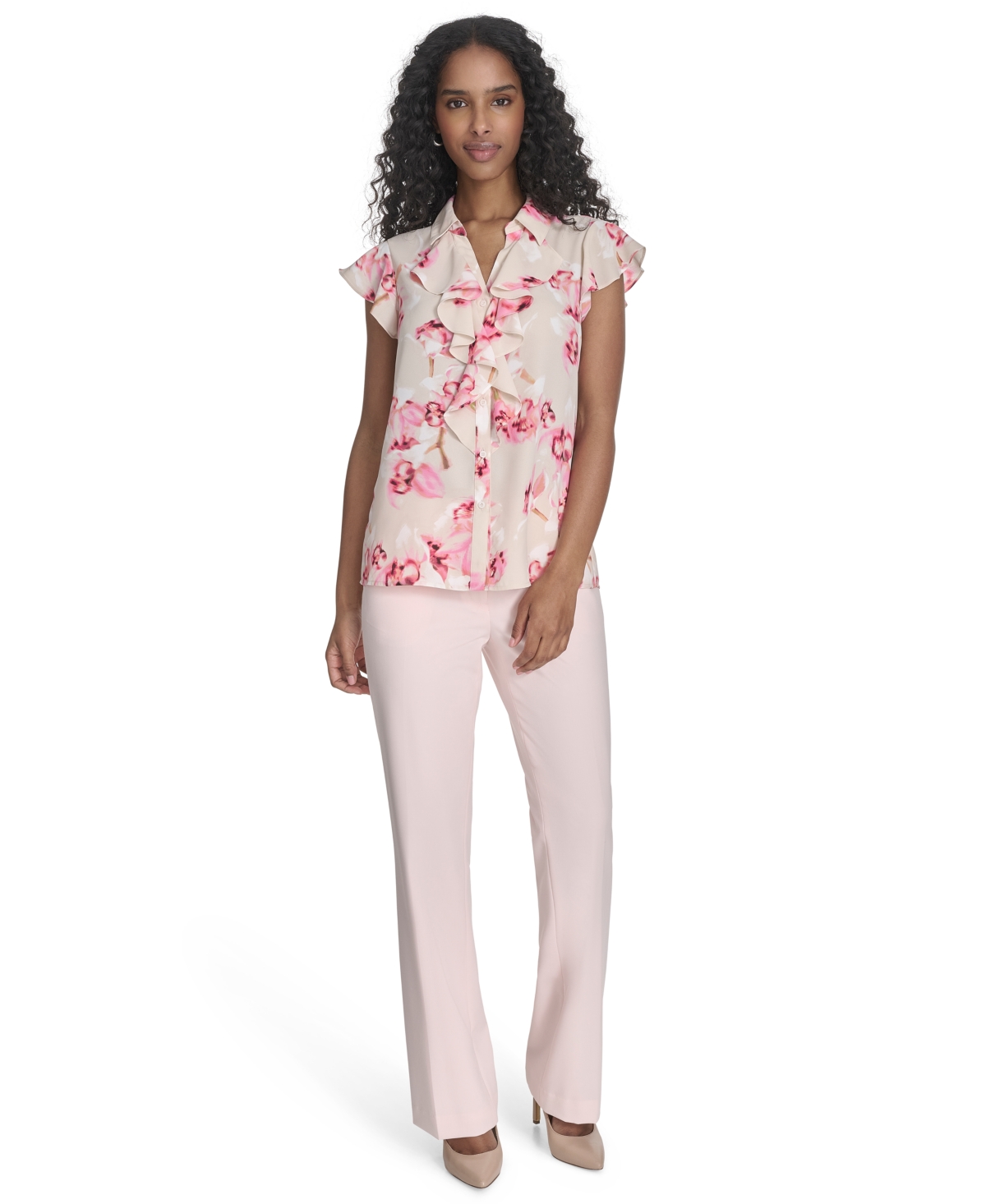 Shop Calvin Klein Petite Printed Ruffle-front Blouse In Soft Taupe Multi