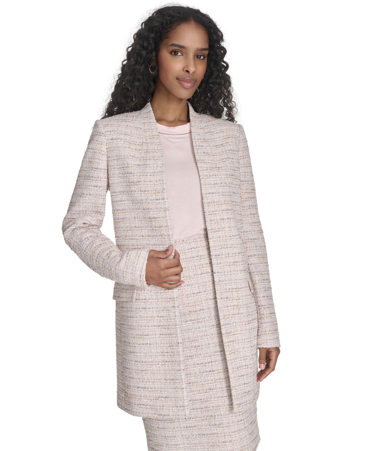 Shop Calvin Klein Petite Tweed Open-front Topper Jacket In Soft Taupe Multi