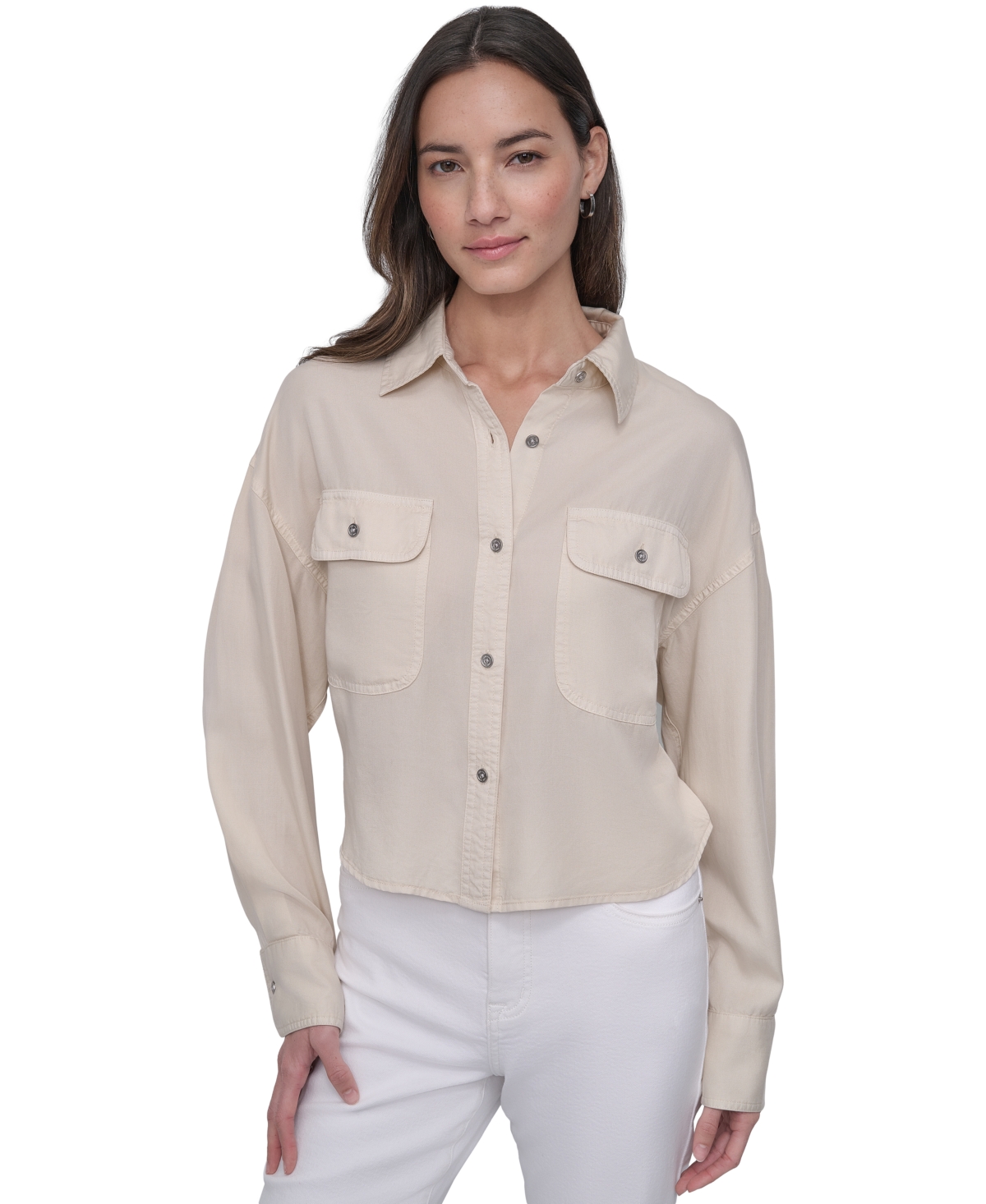 Women's Cropped Flap-Pocket Shirt - Fjz - Chambray