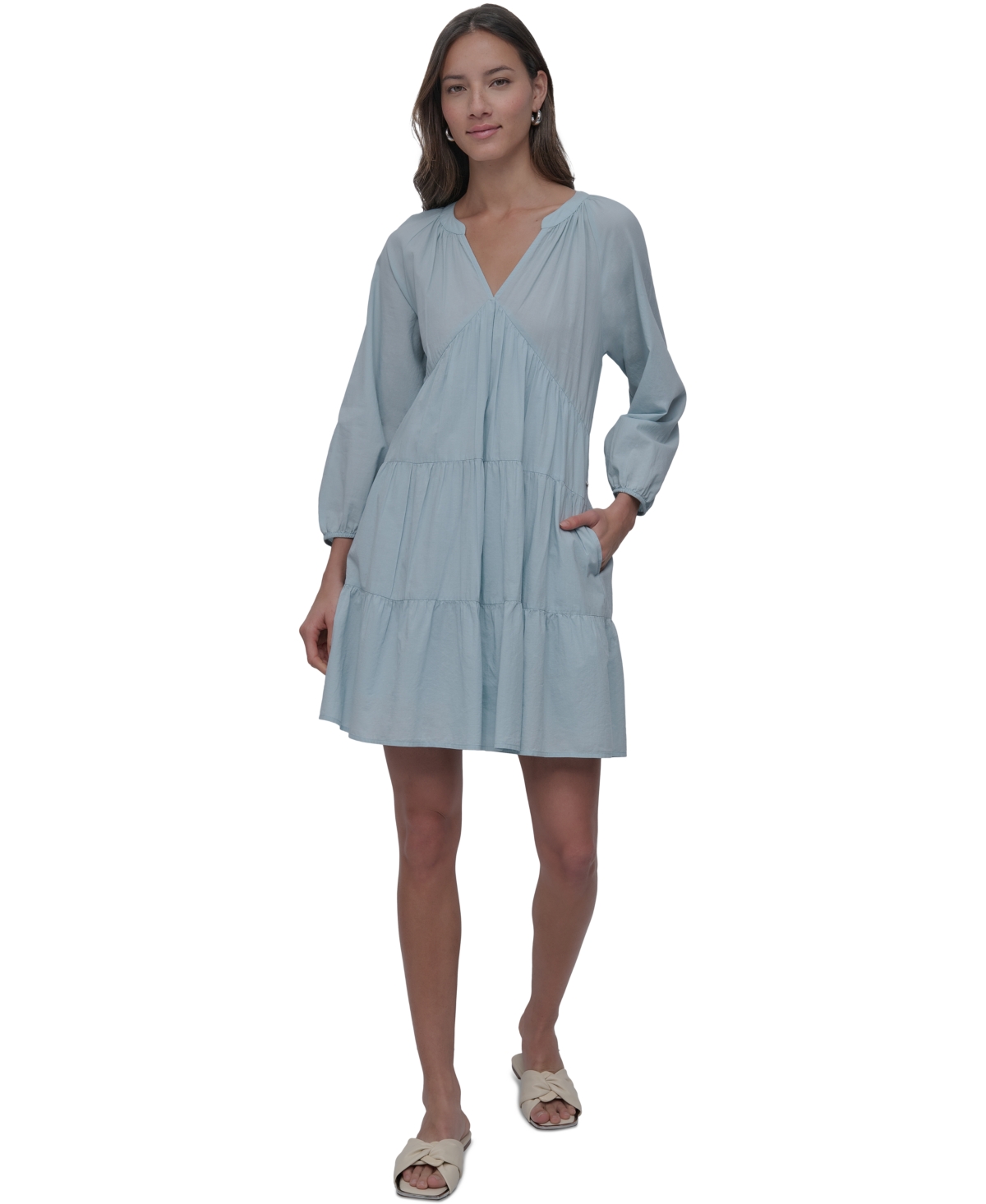 DKNY JEANS WOMEN'S COTTON SPLIT-NECK TIERED DRESS 