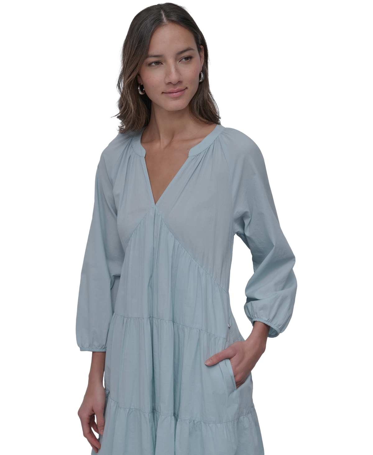 DKNY JEANS WOMEN'S COTTON SPLIT-NECK TIERED DRESS 