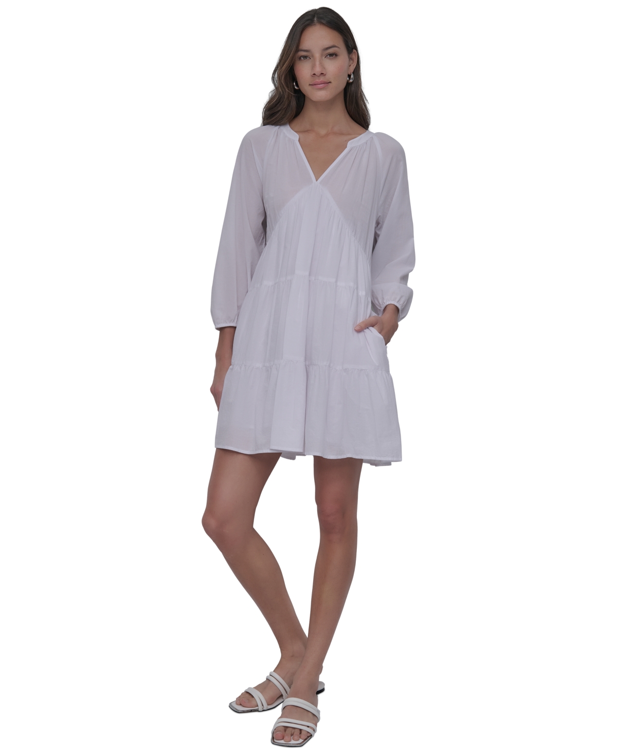 Women's Cotton Split-Neck Tiered Dress - WHT - WHITE