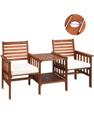 Patio Outdoor Conversation Set Acacia Wood Loveseat w/ Cushion Table