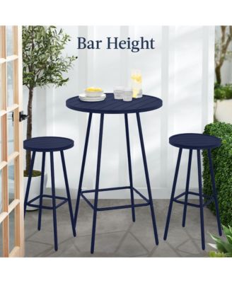 3-Piece Steel Patio Bar Height Round Bistro Set w/ Backless Stools, Slatted Design