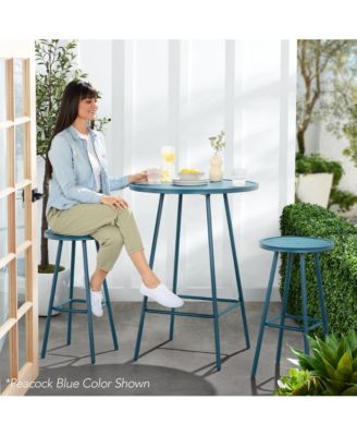 3-Piece Steel Patio Bar Height Round Bistro Set w/ Backless Stools, Slatted Design